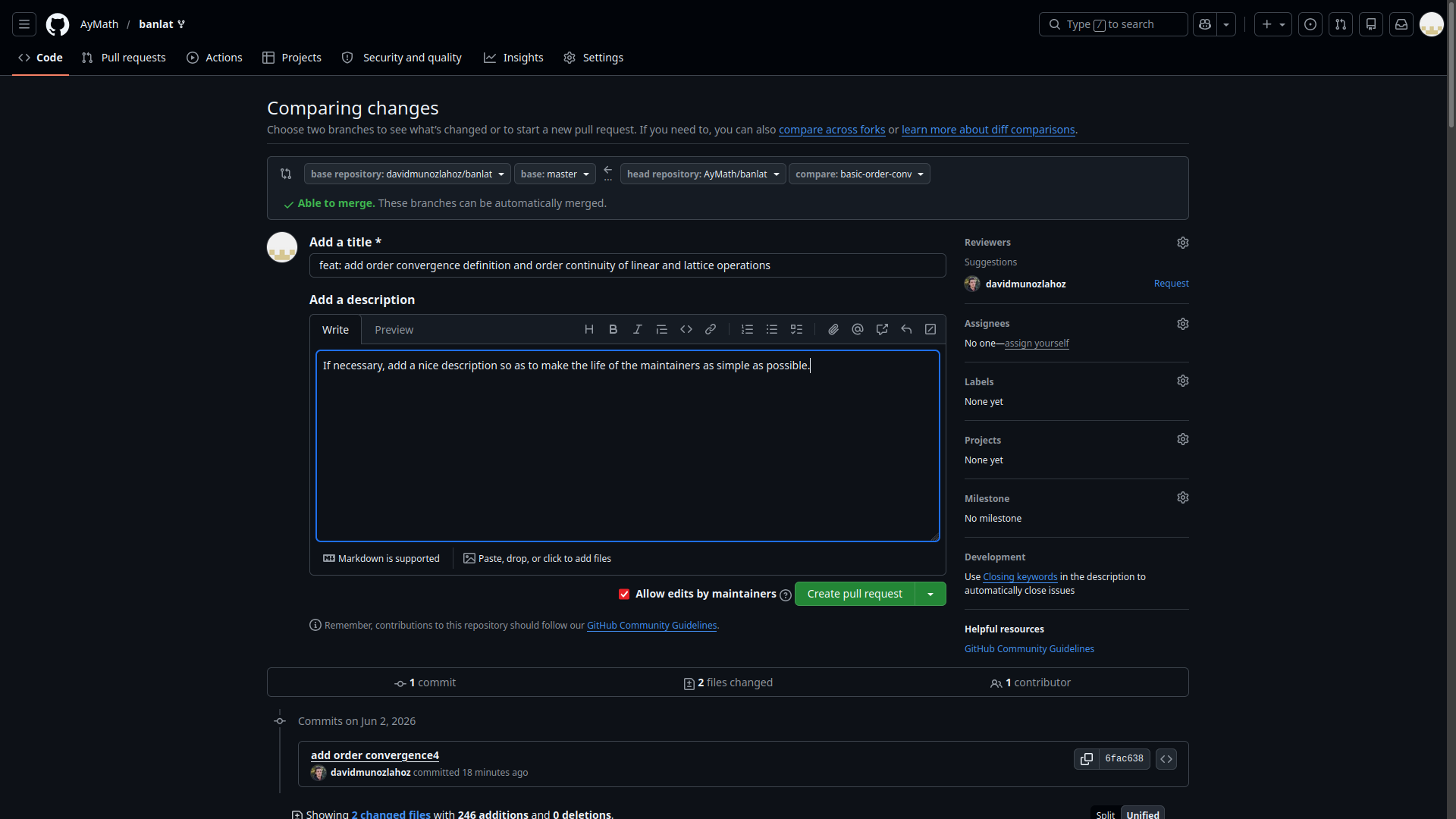 GitHub pull request form